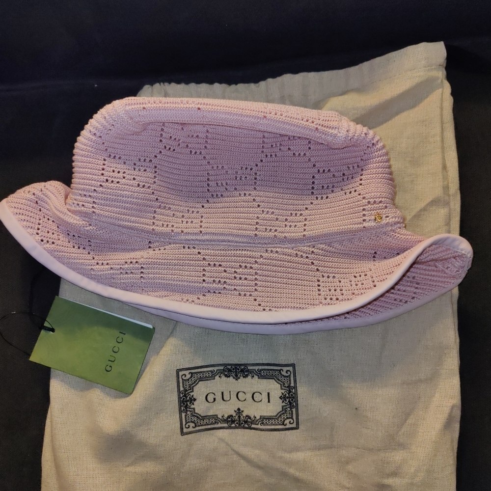 Gucci Knitted Crochet Malibu GG Fabric Leather Bucket Hat Pink XL 59 cm New - Picture 8 of 8